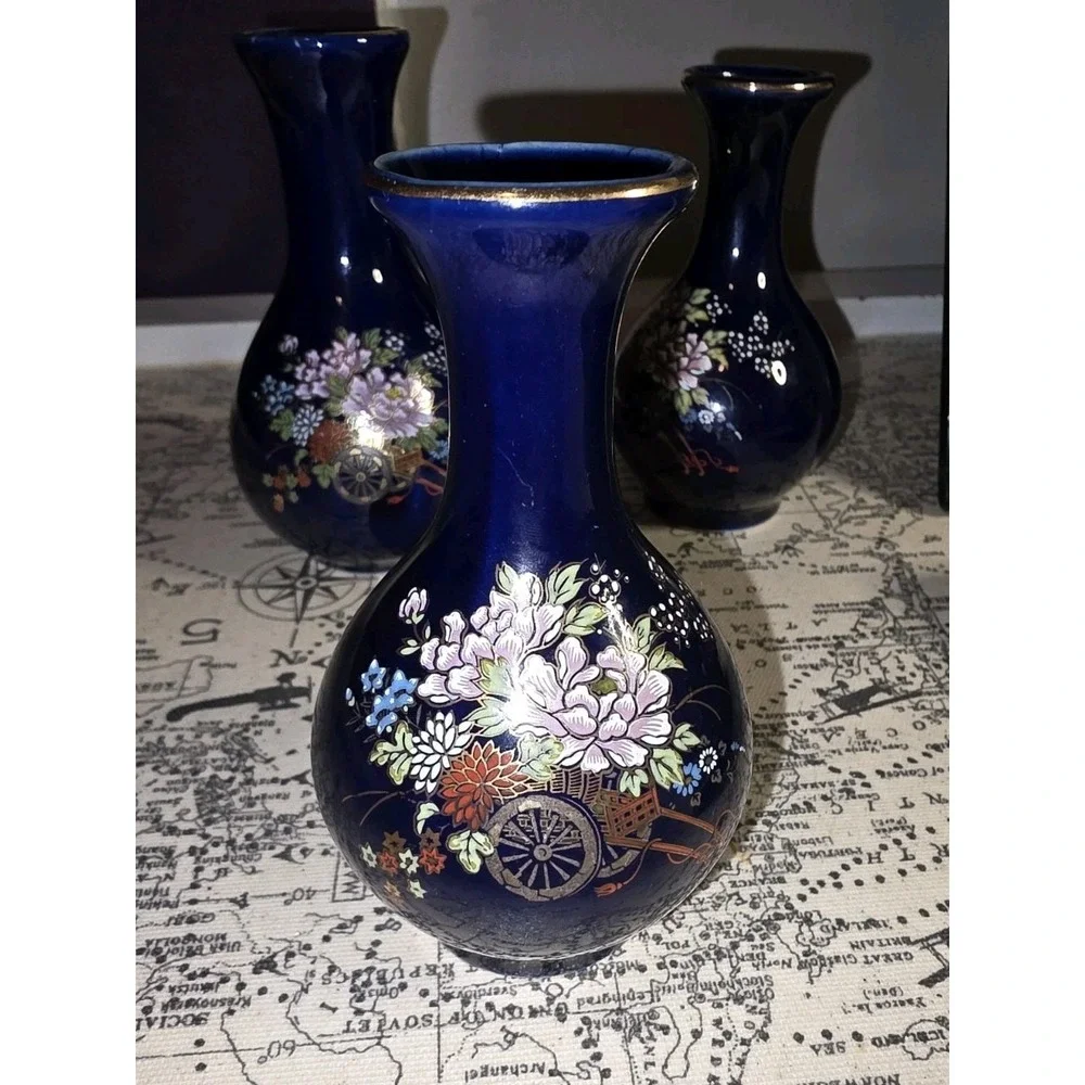 🌺 VTG Porcelain Kutani Bud Vases – Set of 3 | Cobalt Blue Asian Floral Japan 🌸